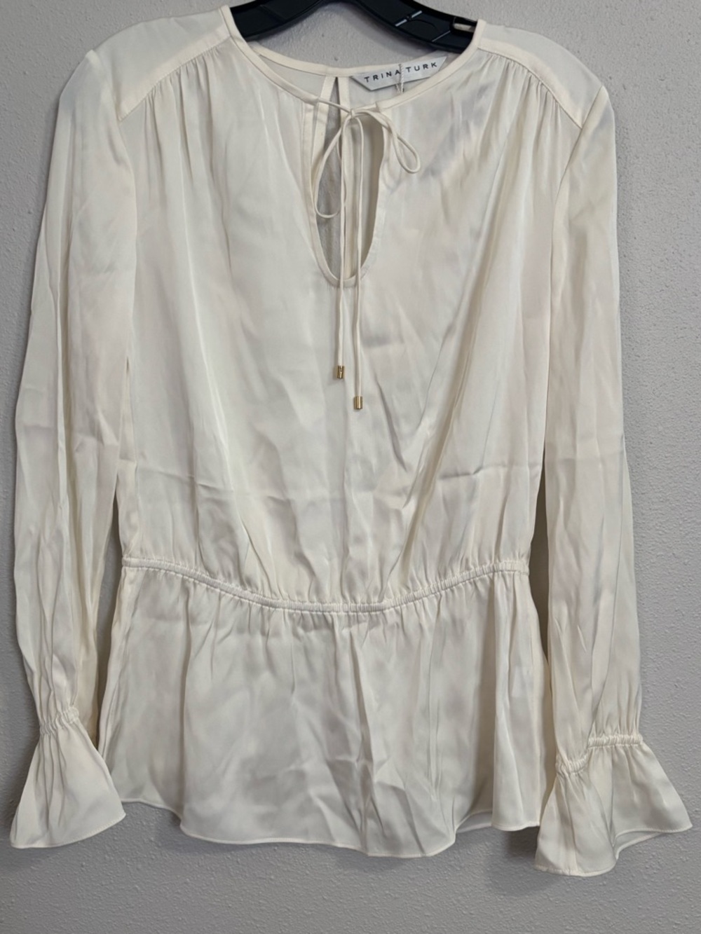 Trina Turk Cream Long-Sleeve Tie-Neck Peplum Blouse